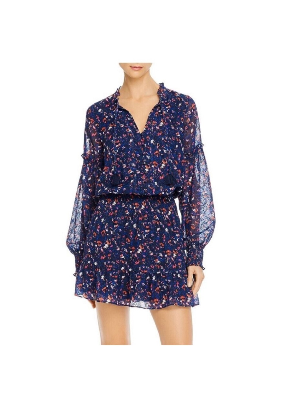 Parker Navy Floral Long-Sleeve Ruffle Mini Dress